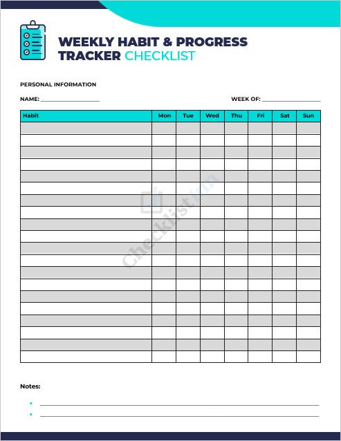 Weekly Habit and Progress Tracker Checklist