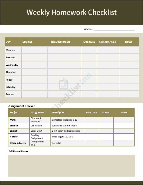 Weekly Homework Checklist Template