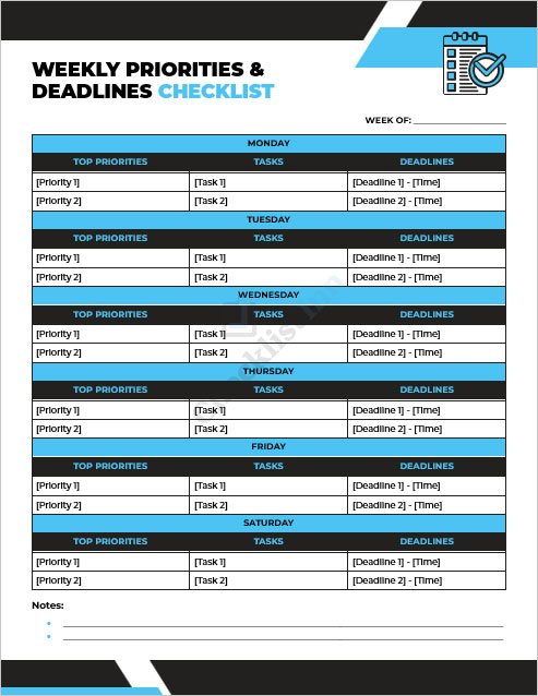 Weekly Priorities and Deadlines Checklist
