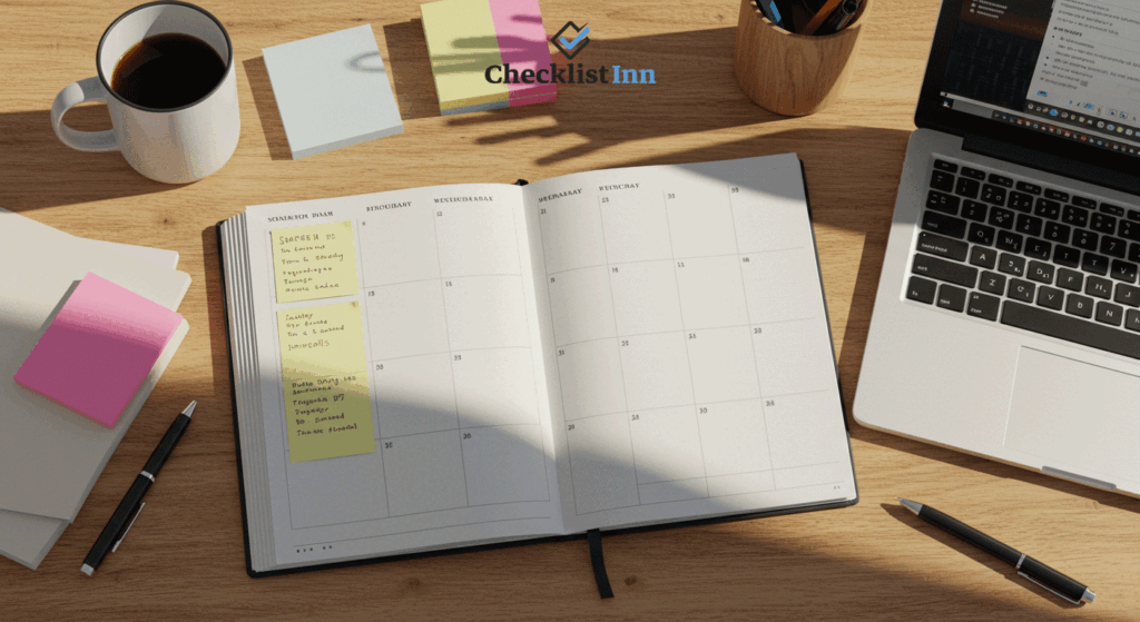 Flat lay of a blank weekly planner with coffee mug, laptop, and stationery on desk symbolizing organization and productivity.