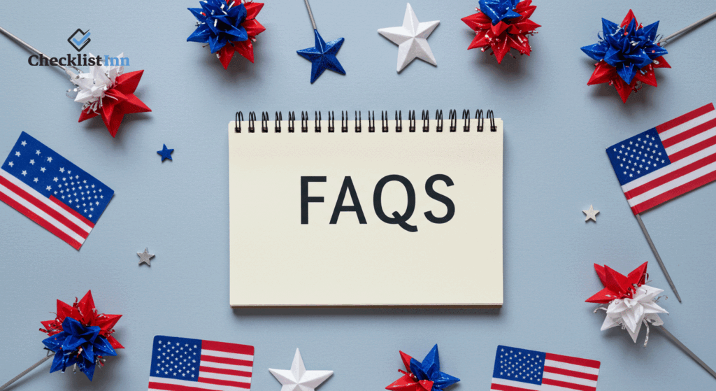 Flat-lay of a notepad labeled FAQs with American flags, sparklers, and patriotic decorations for 4th of July.