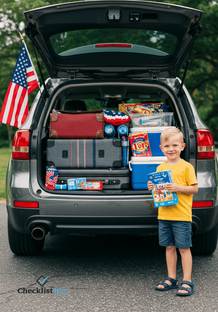 Family preparing for a 4th of July road trip with packed luggage, picnic supplies, and an American flag on the car.