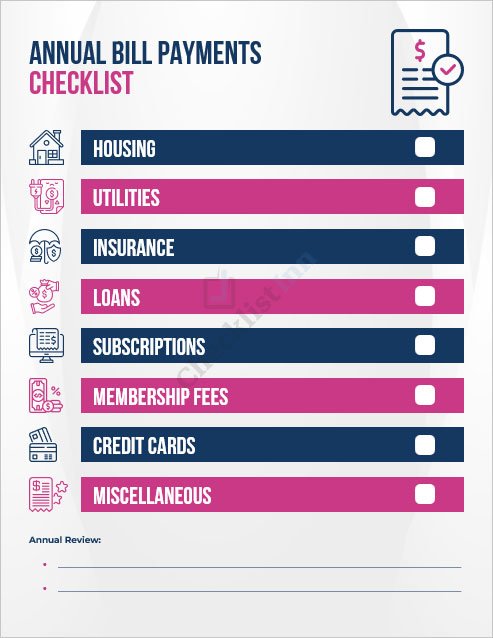 Annual Bill Payments Checklist Template in MS Word Format