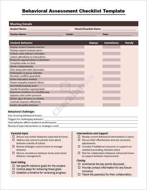 Behavioral Assessment Checklist Template