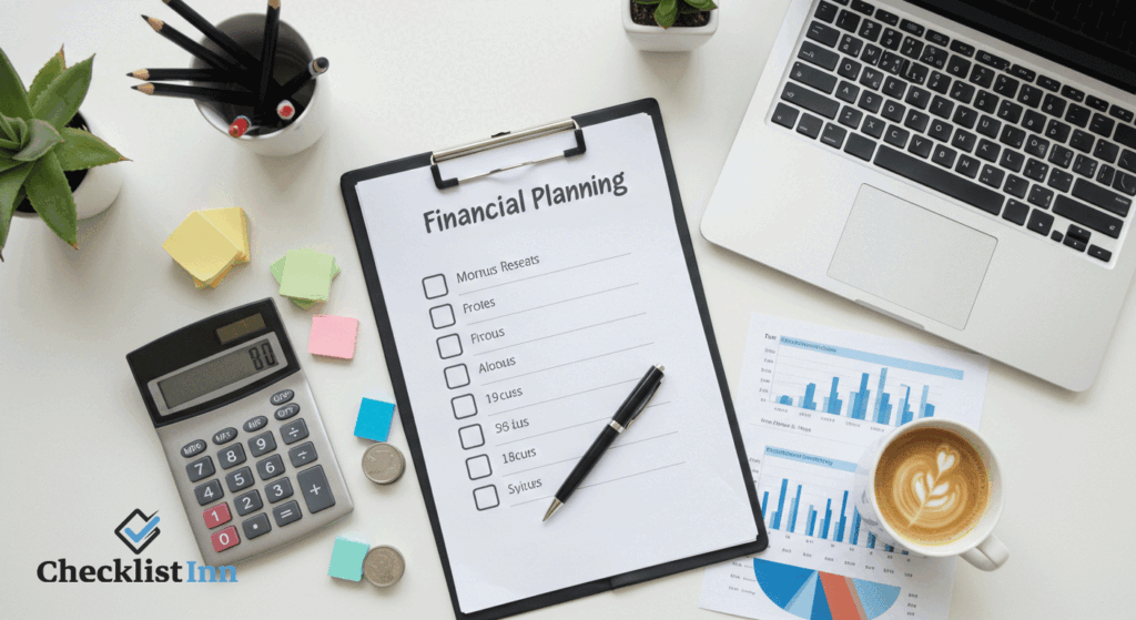 Financial checklist on a desk with laptop and calculator the benefits of using financial planning checklists.