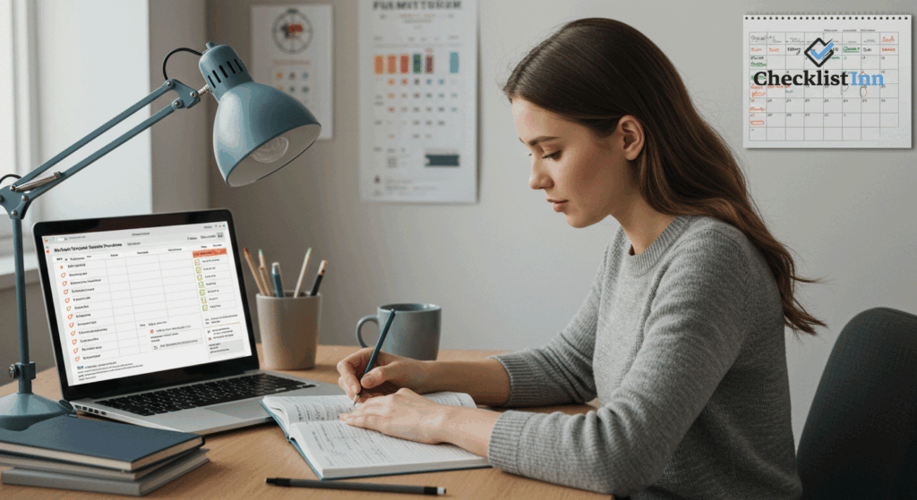 Focused student at a desk using a study checklist and planner, showing the benefits of having an organized study schedule
