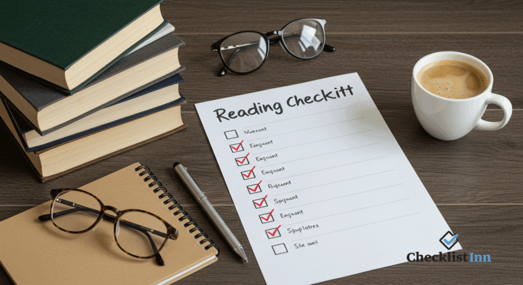 A reading checklist with completed tasks, and coffee on a desk symbolizing the benefits of staying organized with reading checklists.