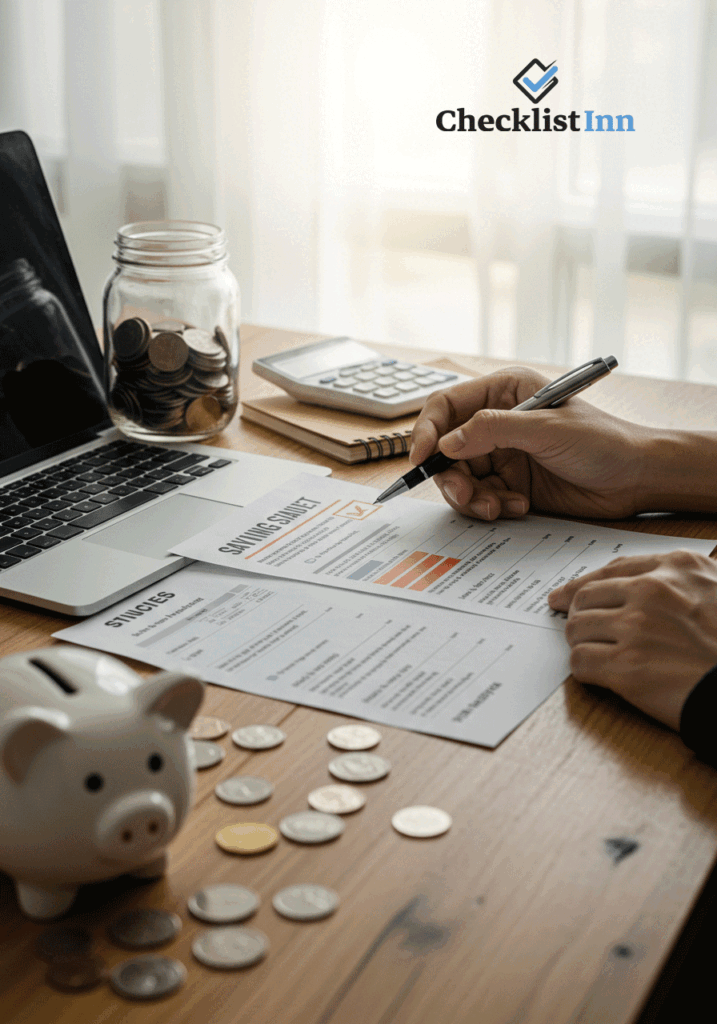A person reviewing a savings tracker with a checklist, calculator, and coin jar, representing the benefits of tracking savings goals.