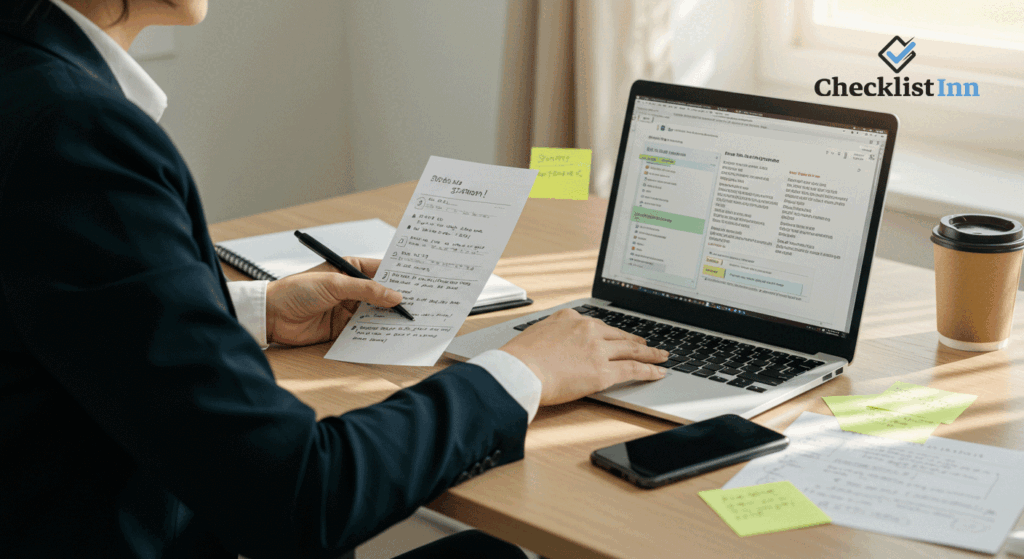 A professional at a desk using a laptop and notepad to manage customer follow-ups effectively.