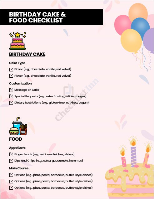 Birthday Cake and Food Checklist Template