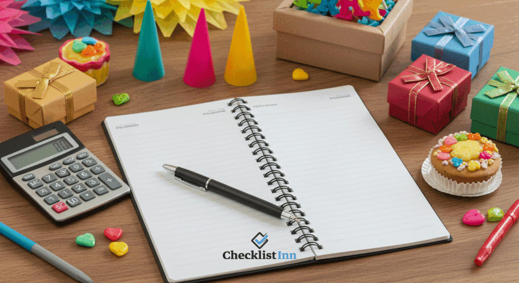 Birthday party budgeting scene with notebook, calculator, decorations, and gifts