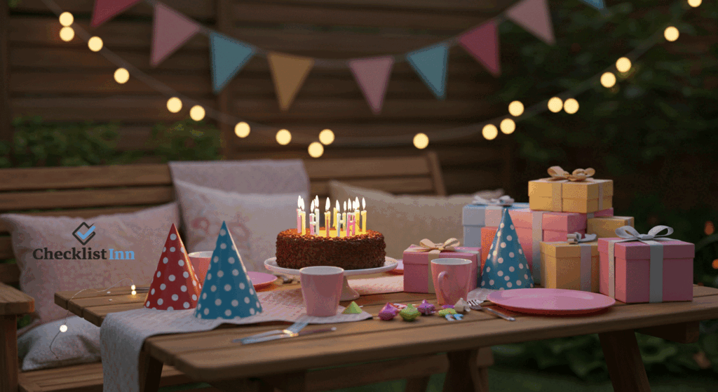 Festive birthday setup with cake, gifts, and decorations in a cheerful atmosphere