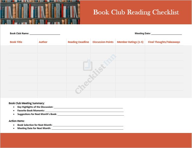 Book Club Reading Checklist Template