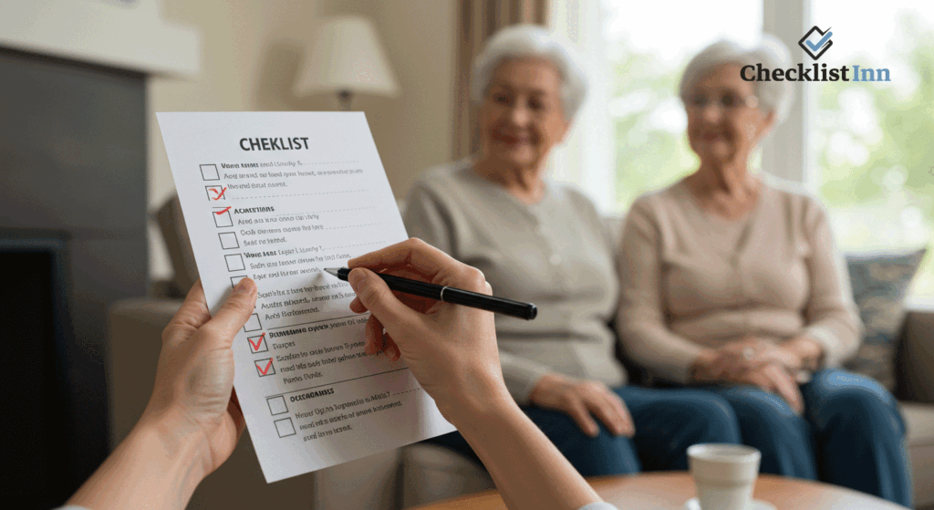 Caregiver using a printed senior care checklist to provide organized and reliable support for an elderly person at home