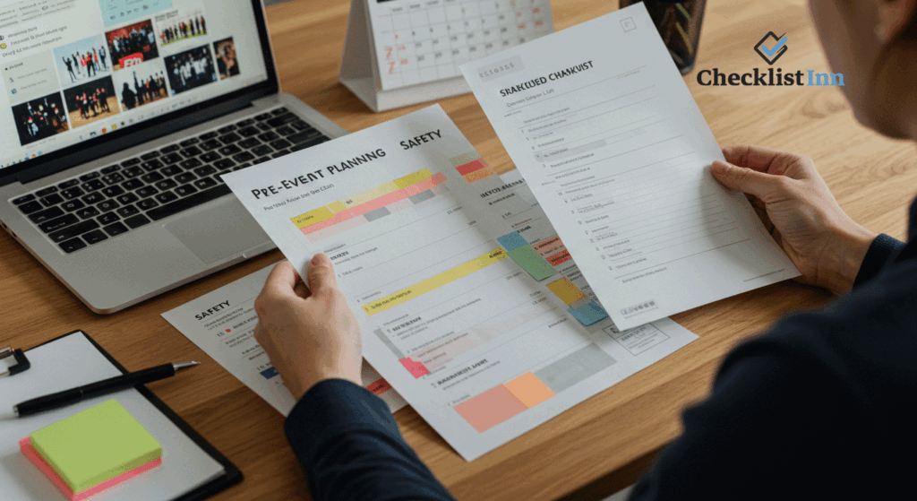 An event planner reviewing multiple checklists to choose the right one for a concert or festival.