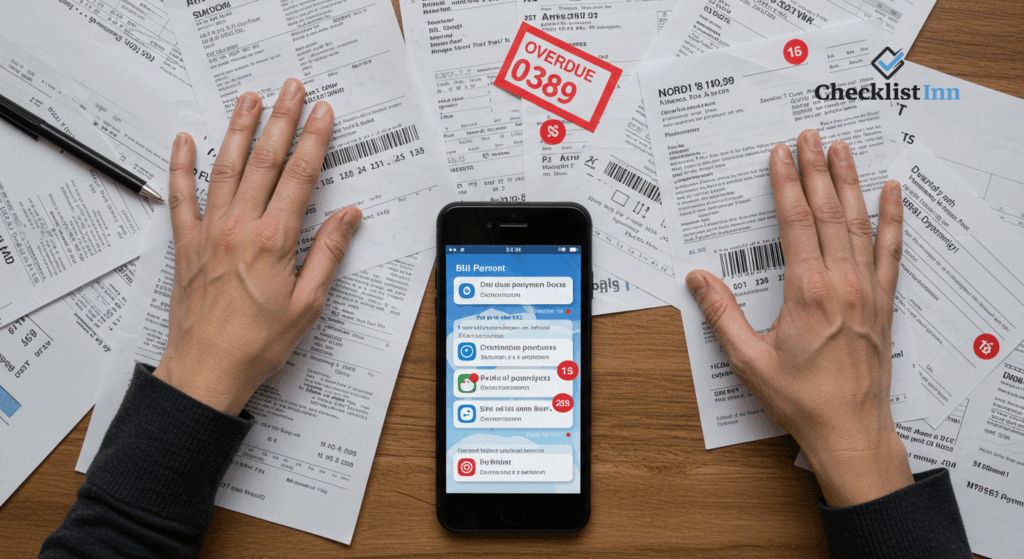 Cluttered desk with overdue bills and payment alerts representing common bill payment mistakes to avoid.