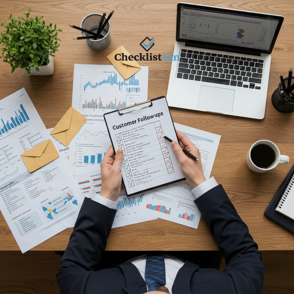 A stressed professional with messy papers and unread emails, representing common mistakes in customer follow-ups.