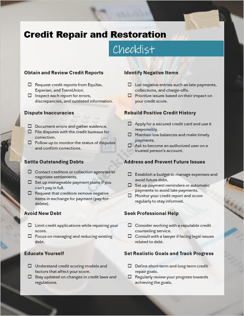 Credit Repair and Restoration Checklist Template