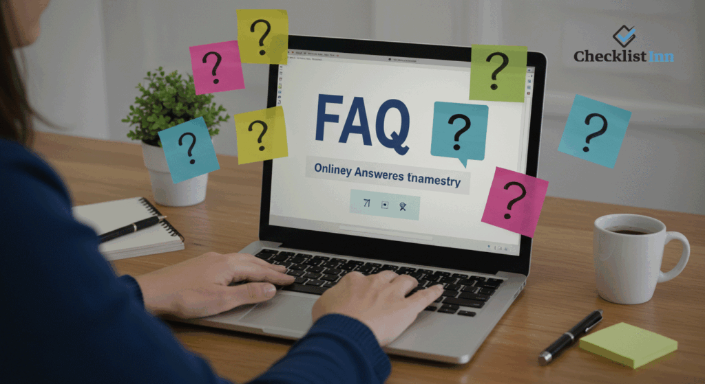 A person reading credit score FAQs on a laptop, with question icons symbolizing common queries.