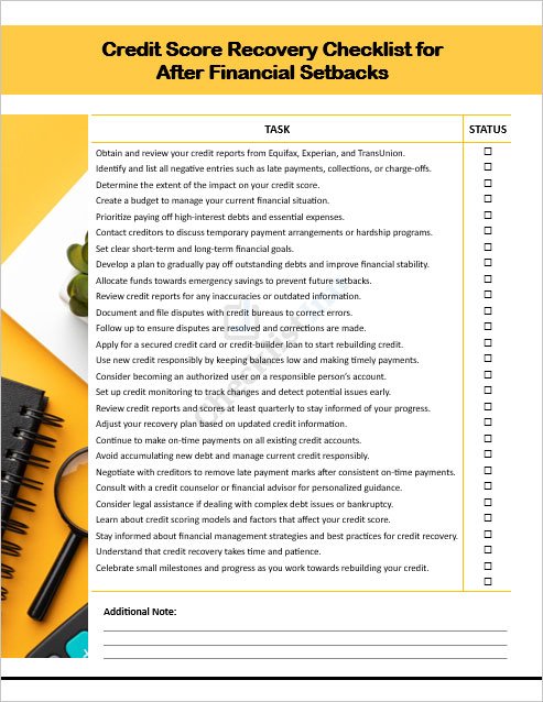 Credit Score Recovery Checklist for After Financial Setbacks Template