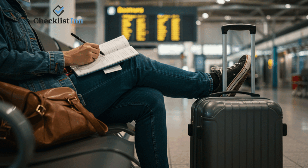 Traveler reviewing a cultural checklist on a phone while waiting at an airport with luggage, looking organized and ready for the trip.