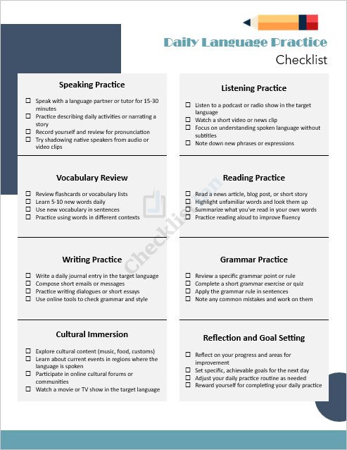 Daily Language Practice Checklist Template