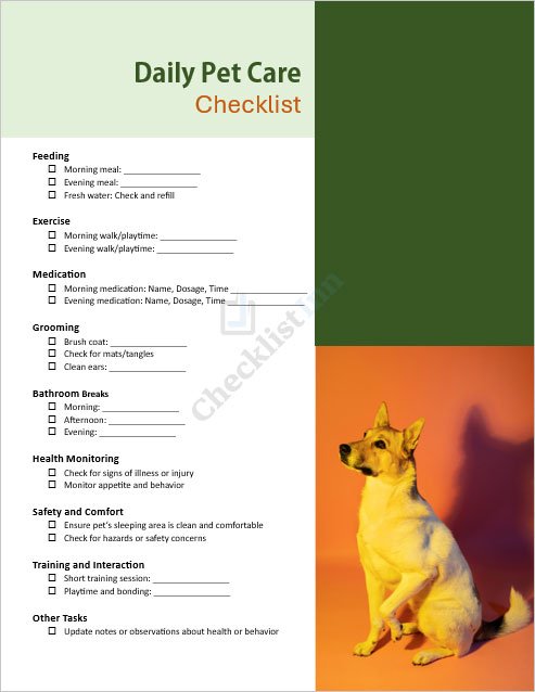 Daily Pet Care Template in MS Word format
