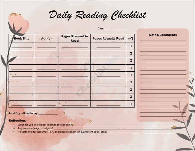 Daily Reading Checklist Template
