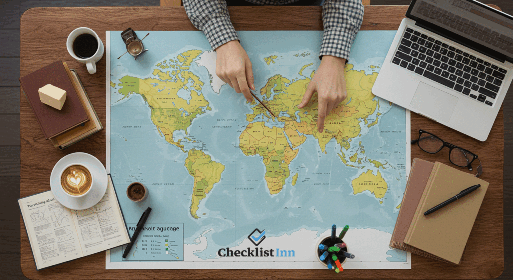 Person at a café table deciding which language to learn, with a world map, laptop, and books.