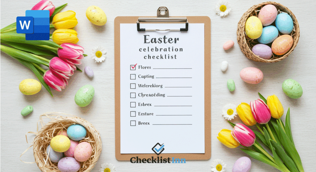 Printable Easter Celebration Checklist with Easter eggs, flowers, and festive decorations.