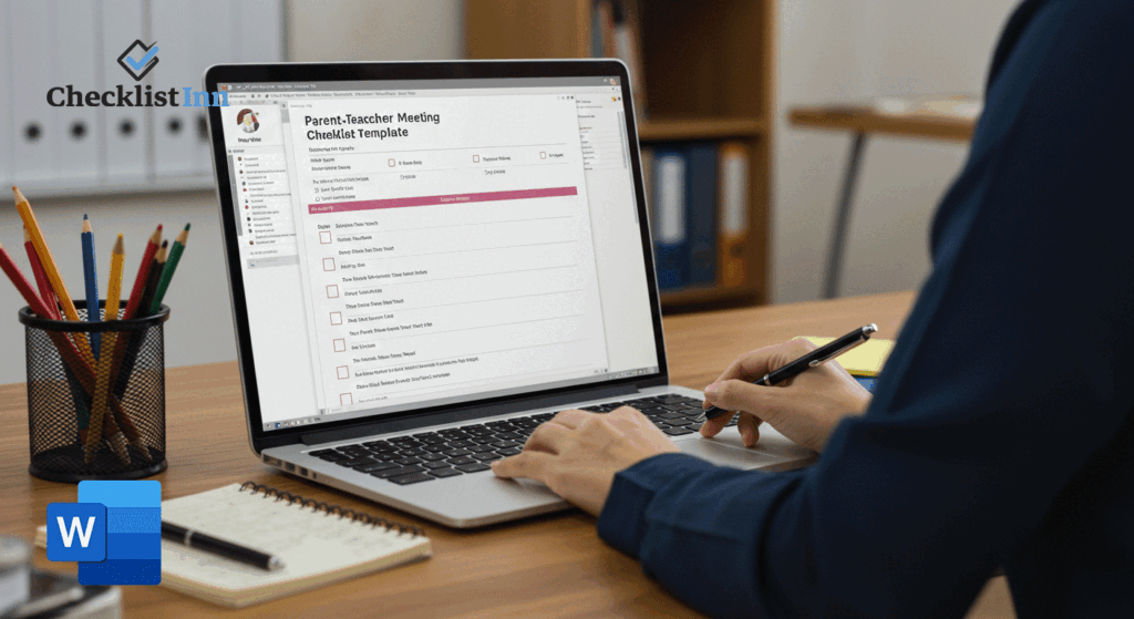 Teacher preparing for a parent-teacher meeting with a downloadable editable checklist template on a laptop screen in a classroom setting.