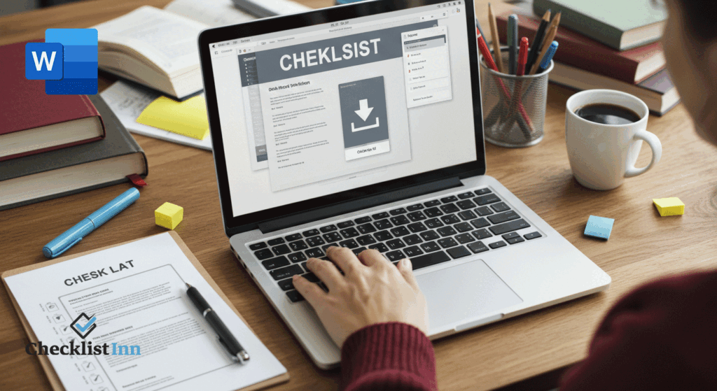 A student downloading and using an exam preparation checklist template on a laptop with printed notes on the desk.