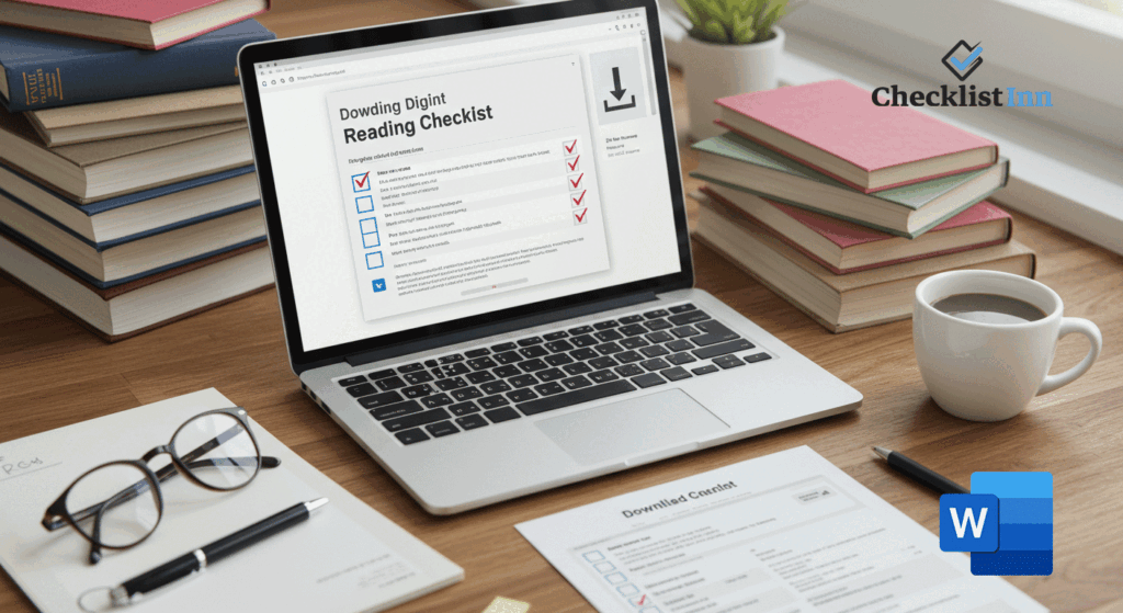 Laptop showing a reading checklist template with books and a download icon, representing free downloadable reading checklist templates in Word format.
