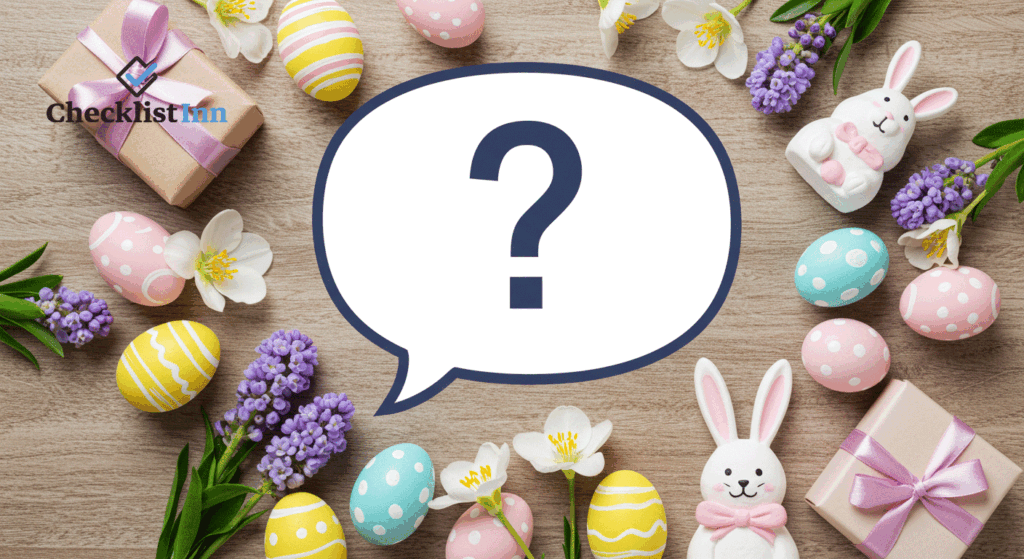 Easter-themed FAQ graphic with question mark, bunny, eggs, and spring flowers.