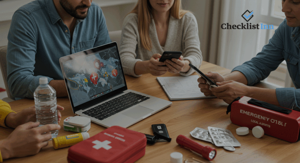 Family using laptop and smartphone to communicate and check alerts during an emergency, with emergency supplies on the table.