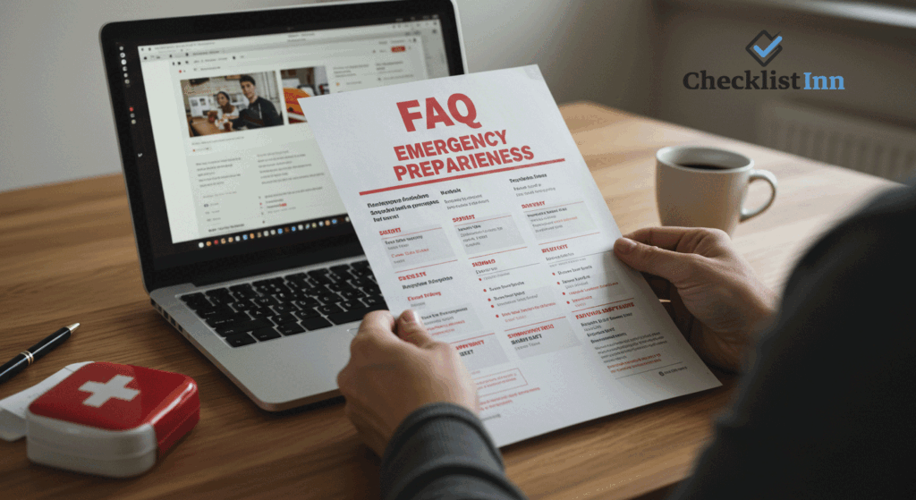 Person reading an emergency preparedness FAQ on paper and laptop, with a first aid kit and coffee on the desk.
