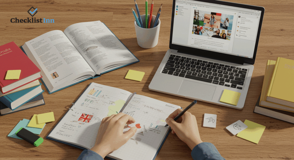 Student studying with language learning resources, including books, flashcards, and a laptop, in a modern study space.