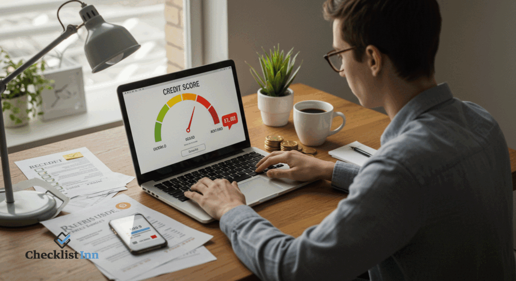 A professional reviewing their credit score on a laptop with a checklist and reminders for healthy credit management.