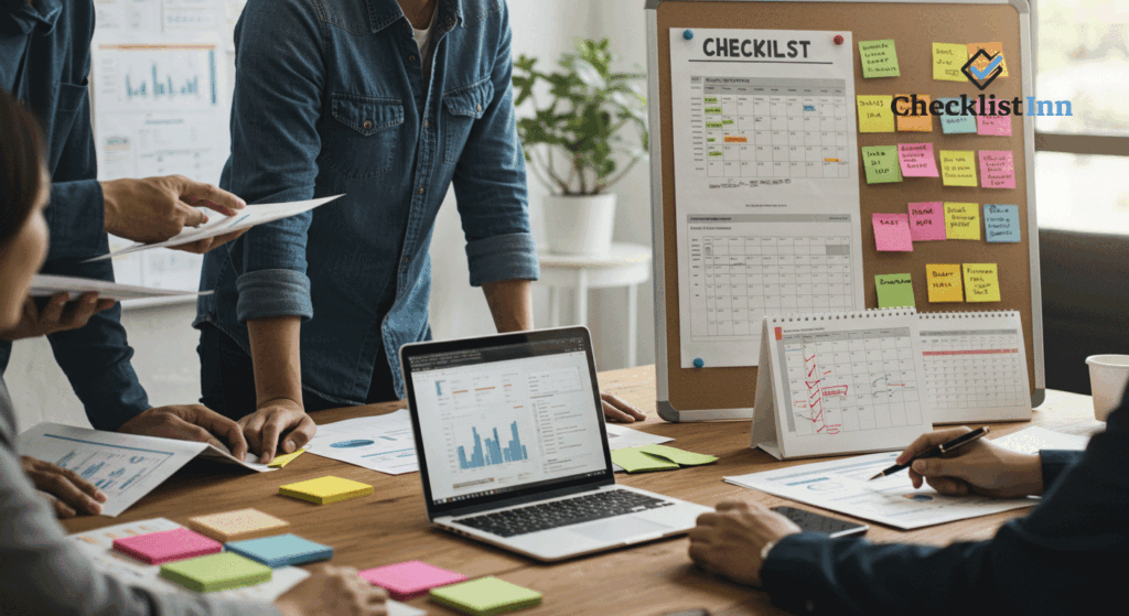 Event planning team reviewing checklists to overcome common challenges in organizing a concert or festival.