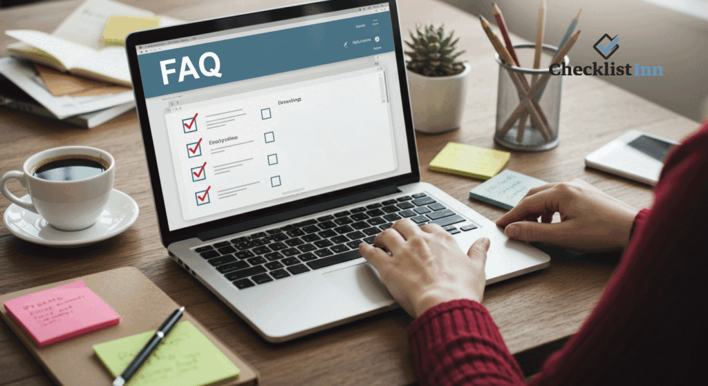 An event planner viewing frequently asked questions about concert and festival checklists on a laptop.