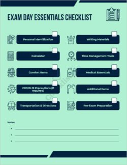 Exam Day Essentials Checklist Template for MS Word