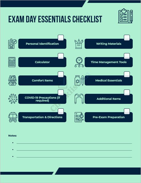 Exam Day Essentials Checklist Template for MS Word