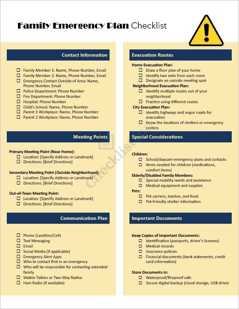 Family Emergency Plan Checklist Template
