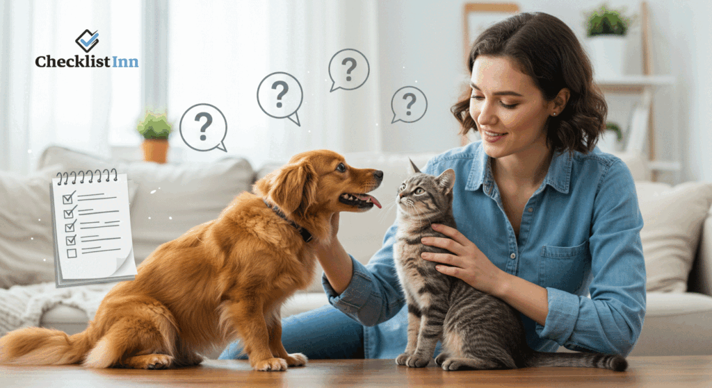 A pet owner with dogs and cats using a laptop, representing a pet care FAQ section.