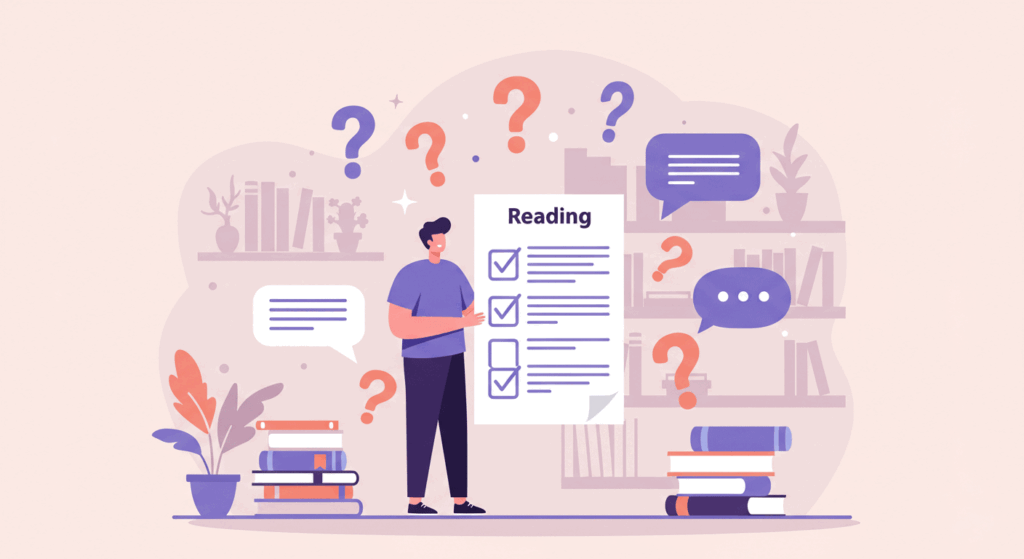 A person holding a reading checklist with question marks and speech bubbles around them, symbolizing FAQs about reading checklist templates.