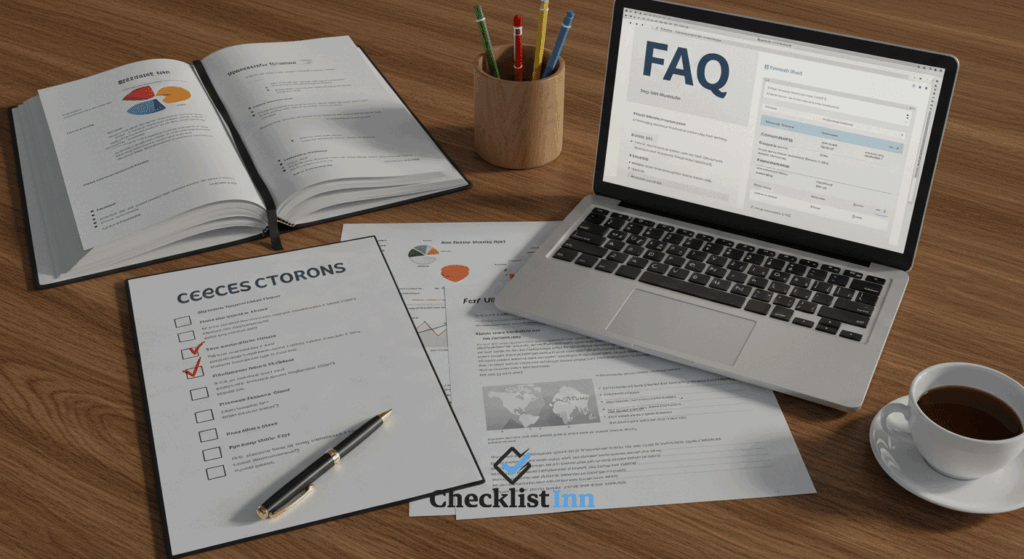 Desk with notebook, checklist, and laptop displaying a FAQ page, symbolizing organization and clarity for frequently asked questions.