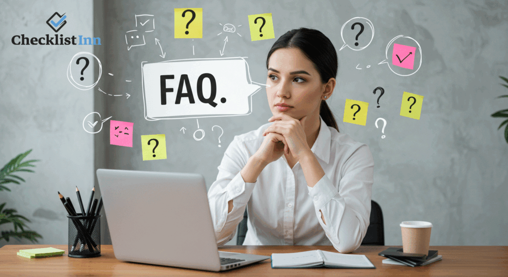 Person at a desk reviewing frequently asked questions about financial planning checklists.
