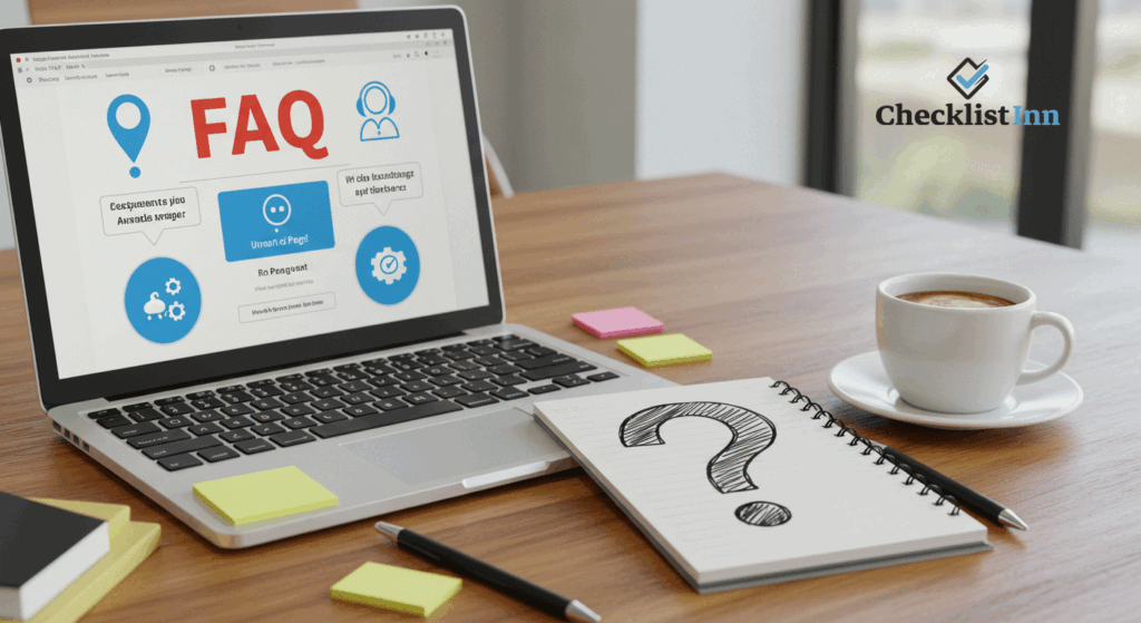 A workspace with a laptop and notepad featuring a question mark, representing frequently asked questions and answers.