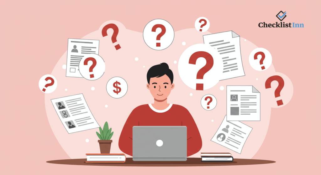 A person with laptop and question mark icons representing frequently asked questions about bill payments.