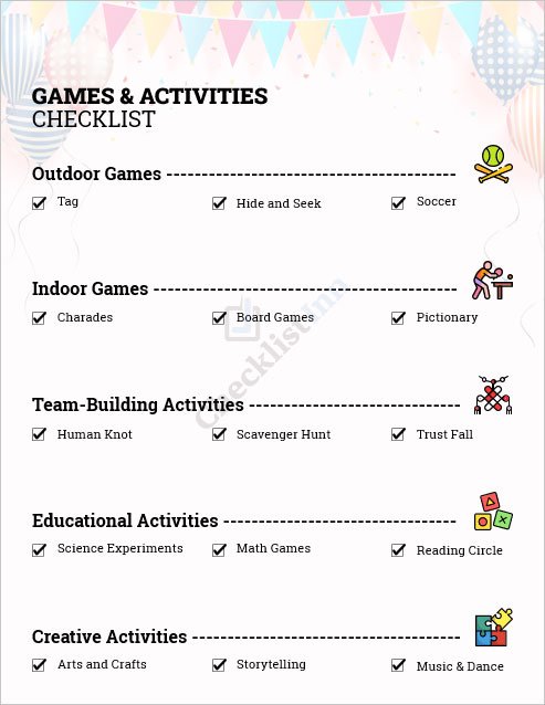 Games and Activities Checklist Template